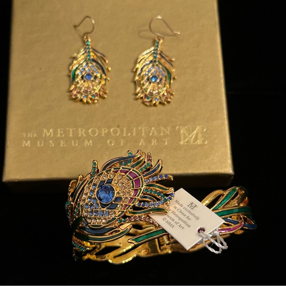 Rare MMA 24K Overlay Peacock Cuff Bracelet and Earrings Set